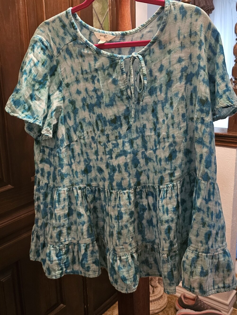 Terra & Sky Teal Blue Tie-Dye Ruffle Hem Tunic
